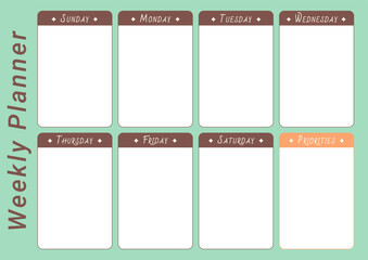 Weekly personal planner with space for a schedule by days of the week, priorities. Horizontal A4 page