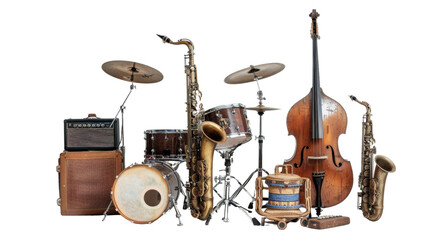 Jazz music instrument set focused on transparent background