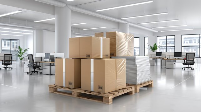 A photo of moving boxes and pallets in an office setting, with furniture wrapped up for storage or with dust covers. The large, spacious, and bright room is filled with the presence of various
