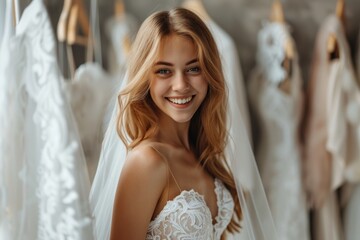 Naklejka premium young girl trying on wedding dress. Happy bride excited smile for wedding, happiness and marriage