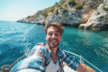Fototapeta premium Young Man Taking a Selfie on a Boat in a Sunny Coastal Landscape