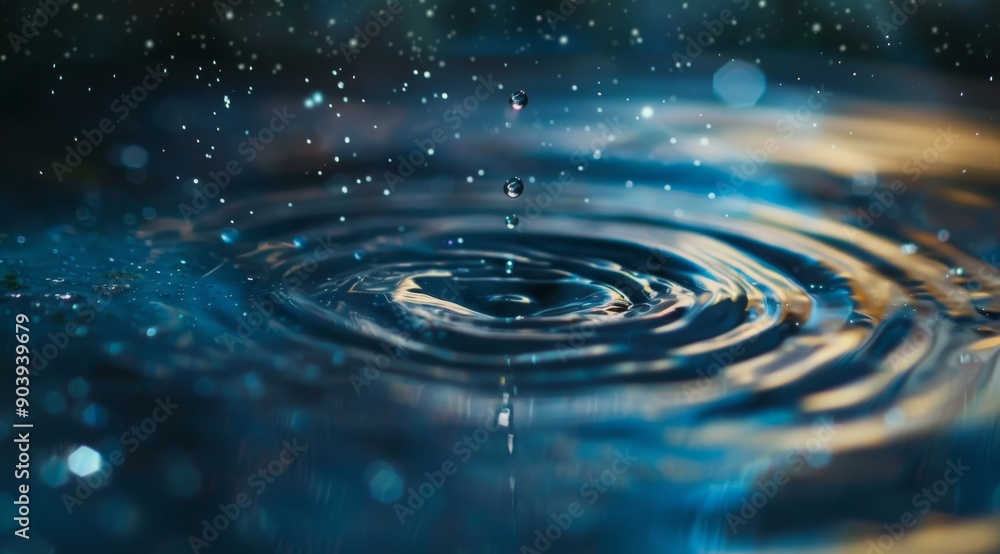 Poster a mesmerizing close-up of rippling water with raindrops, creating captivating reflections and textur