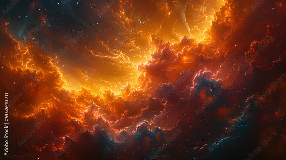 Wall mural abstract depiction of a nebula with luminous clouds of gas and dust in vivid oranges and reds, creat