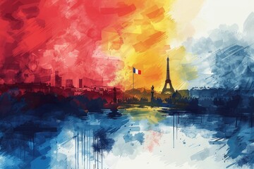 French flag waving over abstract painting of paris skyline