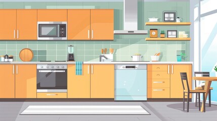 Modern kitchen interior with furniture and utensils in orange tones