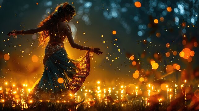 Young indian woman dancing outdoors surrounded by golden lights at night
