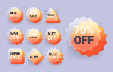 Set of different sale labels in glass morphism style. Discount badges illustration