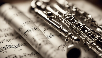 Fototapeta premium Clarinet placed on a sheet of music with soft, ambient lighting highlighting the instrument's details 