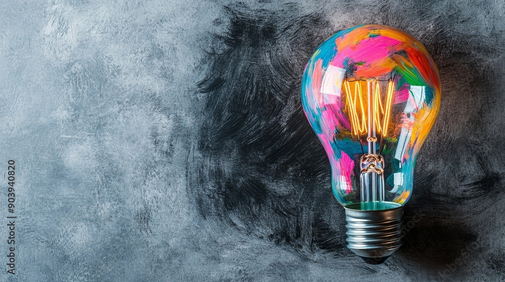 Poster an image of a lightbulb and colorful graffiti on a blackboard in a conceptual setting