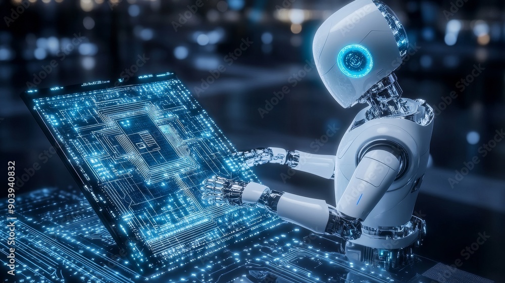 Poster robot or cyborg inhumanoid with circuit board background