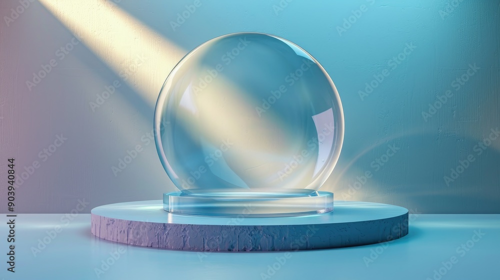 Poster empty glass sphere displaying on podium with light blue background