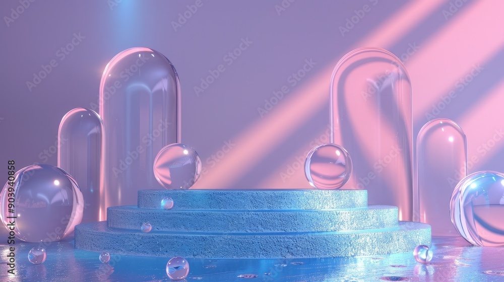 Poster Empty round glass podium displaying on wet floor with neon light and glowing archs background