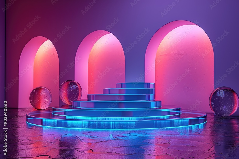 Aufkleber Empty round glass podium displaying on wet floor with neon light and glowing archs background