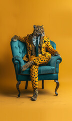 Stylish bright color portrait of a leopard, in fashionable clothes, for a magazine cover
