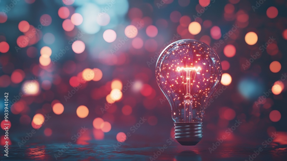 Poster an idea and innovation concept with a light bulb on a bokeh background
