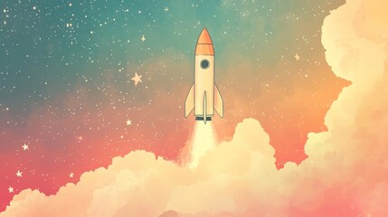 On a watercolor background, a rocket ship with clouds and stars. Concept of business launch pad and strategic ascent.
