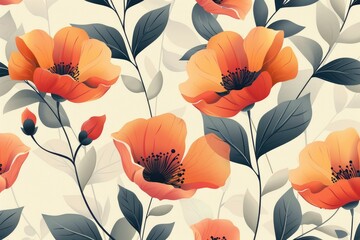 Seamless floral pattern with orange poppies blooming on beige background