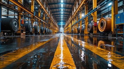 Fototapeta premium Large industrial factory hall with yellow markings on wet, polished floors
