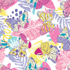Seamless bright pattern with butterflies.  hand drawn butterflies. Pattern for textiles, children's clothes, wrapping busakgi .. Girlish background