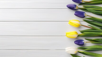 A Vibrant Arrangement of Colorful Tulips on a White Wooden Surface