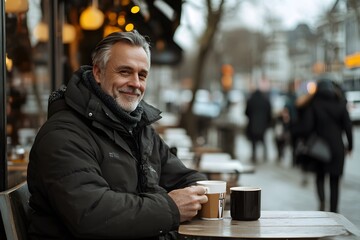 A mature man smiles contentedly while enjoying a warm beverage at a charming sidewalk cafe, embracing the simple pleasures of urban life. 