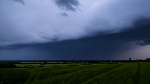 Dramatic lightning strike in evening thunderstorm over countryside