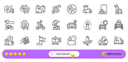 Delivery truck, Food delivery and Car charging line icons for web app. Pack of Connecting flight, Lighthouse, Journey pictogram icons. Luggage belt, Usa close borders, Electric bike signs. Vector