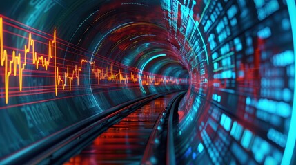 Fototapeta premium Hightech tunnel with financial data, stock market decline, market volatility