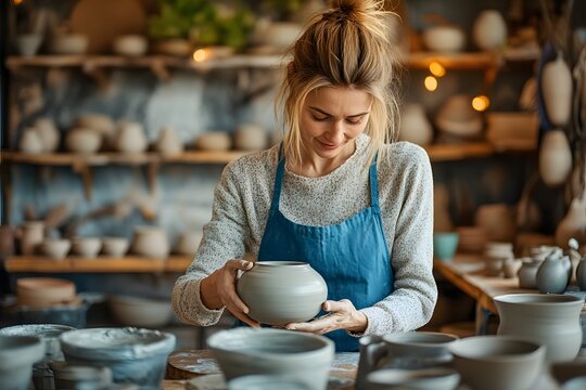 A young woman in a blue apron carefully inspects her handmade pottery, reflecting on her craft. The soft lighting and warm tones evoke a sense of tranquility - Powered by Adobe
