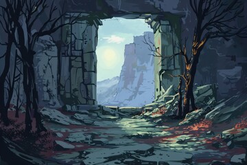 Fototapeta premium Ancient stone ruins in a mystical forest with a bright light in the distance