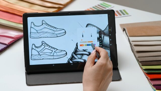 Woman fashion designer works on digital graphic tablet with stylus, coloring illustration of new footwear sketch. Creativity and modern technology.