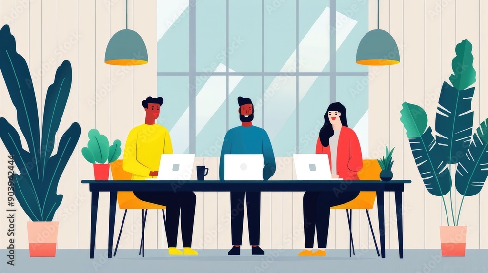 Aufkleber of a modern and minimalist office setting with a group of coworkers collaborating and brainstorming 