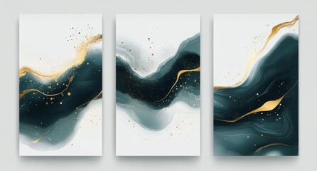 A set of three posters with 3D flowers in black and gold