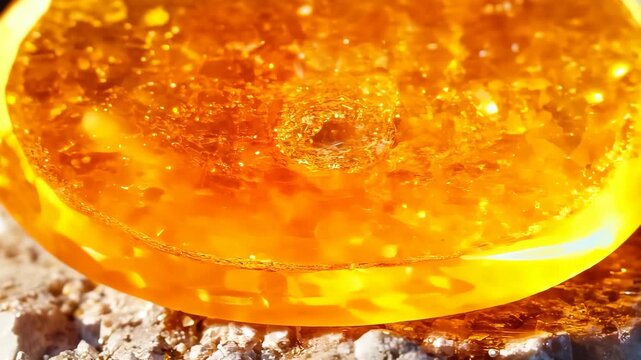 Golden resin disk crystalizing on rock surface in close-up view