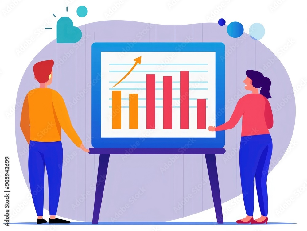 Poster two professional business analysts or marketing experts discussing and analyzing digital marketing s