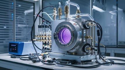 A fictional cold nuclear fusion machine with purple light inside of it on a table, AI