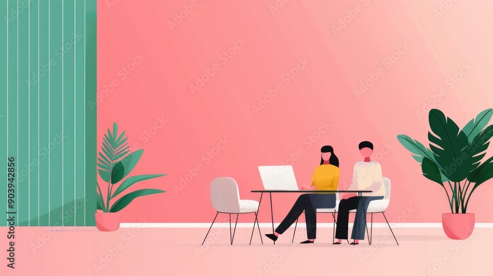 Poster collaborative seo workshop showcasing a modern pastel colored office setting with a team working tog