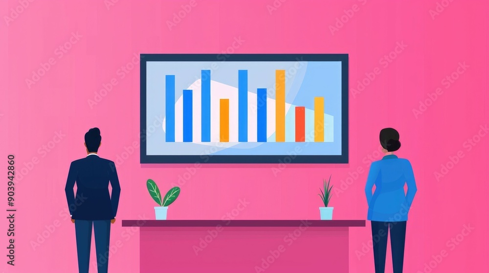Aufkleber depicting a pastel toned office setting where a team is engaged in a marketing strategy session with