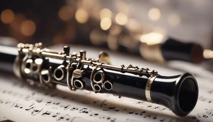 Obraz premium Clarinet placed on a sheet of music with soft, ambient lighting highlighting the instrument's details 