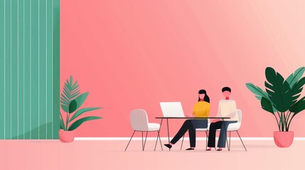 Collaborative SEO workshop showcasing a modern  pastel colored office setting with a team working together on laptops  surrounded by plants and minimalist decor  representing a professional