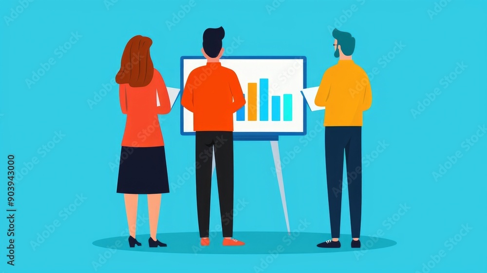 Poster team of business professionals having a discussion and presentation on seo data analysis using graph