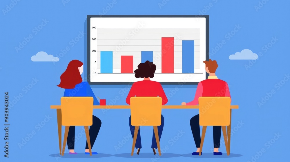 Poster of a team of professionals gathered around a data visualization graph discussing and analyzing seo i