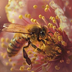 Naklejka premium A high-quality image a bee collecting pollen from a flower. The detailed view captures the intricate features of the bee and the delicate petals, ideal for nature photography. AI generated image.