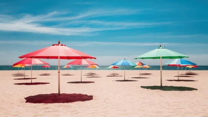 A bunch of umbrellas on the beach with blue sky in background, AI
