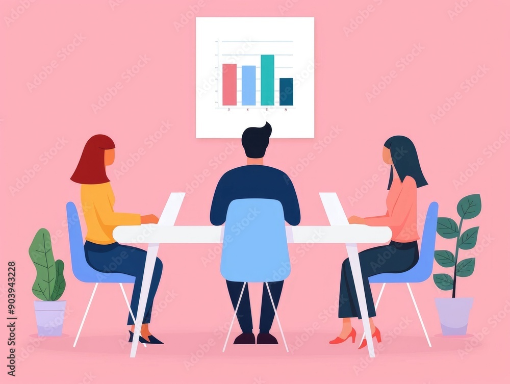 Poster corporate team discussing seo tactics and analyzing data in a pastel colored office setting of a col