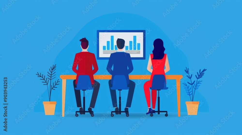 Poster of a digital marketing team in a flat design office setting focusing on data analysis seo strategy p