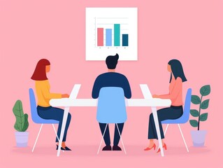 Corporate Team Discussing SEO Tactics and Analyzing Data in a Pastel Colored Office Setting  of a Collaborative Workspace with Employees Working Together on Online Marketing Strategy