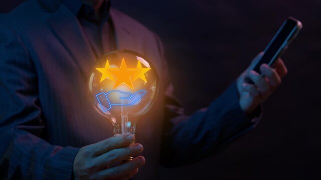 Reputation icon, credibility concept, handshake partnership and agreement symbol. Trust for protection. Businessman holding glowing lightbulb to show neon line of animated reputation icon.
