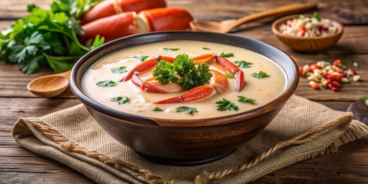 Delicious creamy soup made with succulent crab meat, garnished with parsley and served in a elegant white bowl on a rustic wood table.