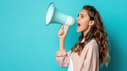 Young Woman Shouting into a Blue Megaphone